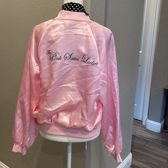 Grease Pink Satin Ladies Jacket With Polka Dot Scarf Costume - Picture 2 of 2